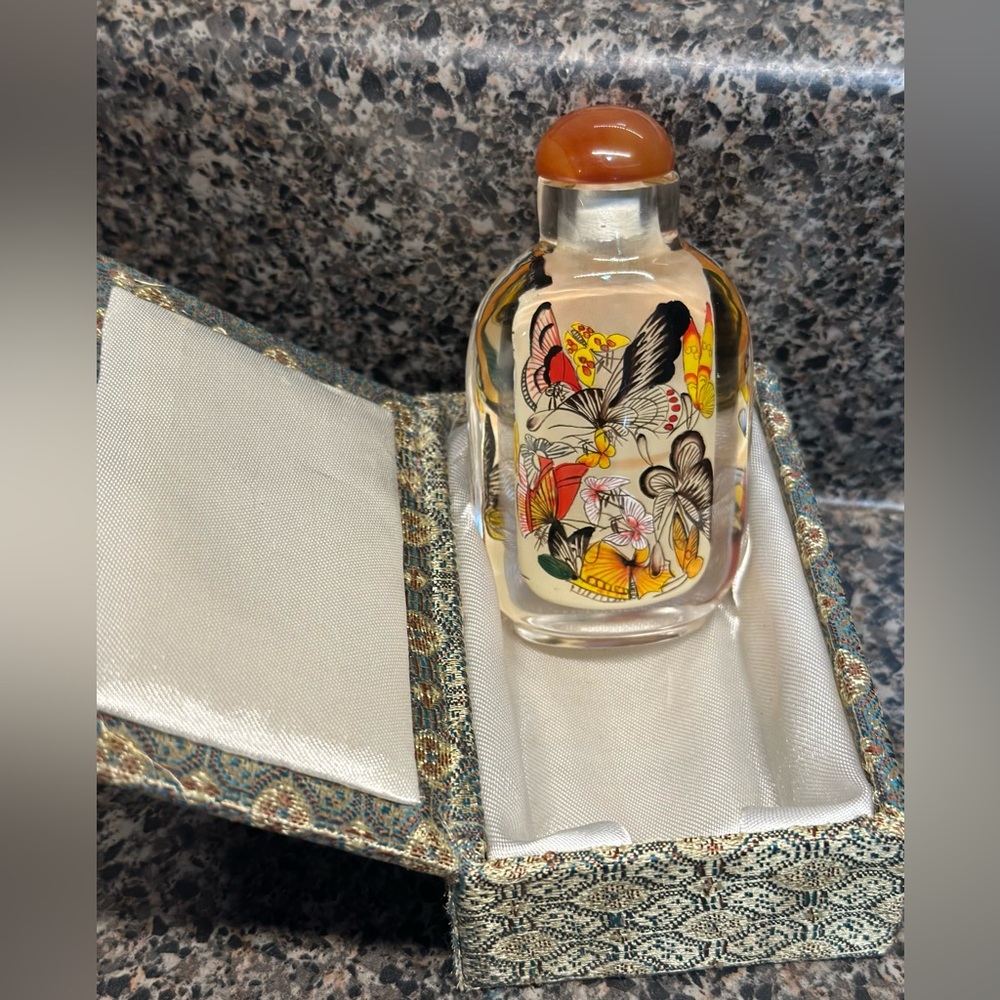 Rare Antique Chinese Inside Painted Glass Snuff Bottle Butterflies With Box